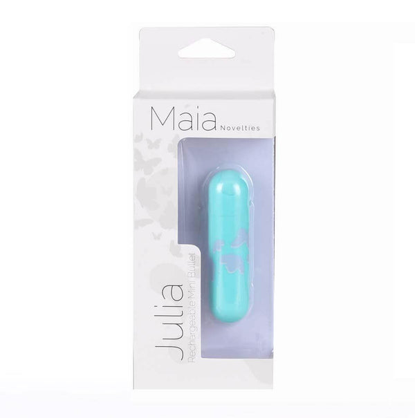 Julia Jessie Butterfly Pattern Rechargeable Mini Bullet Vibrator by Maia Toys in packaging.