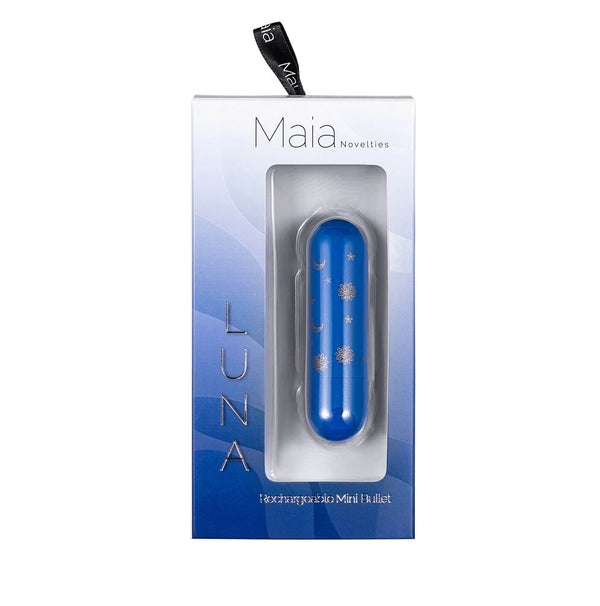 Luna Super Charged Mini Bullet Vibrator with stars and moon pattern in package by Maia Toys