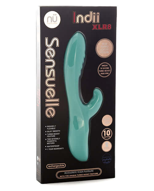 Sensuelle Indii XLR8 Rabbit Vibrator in packaging showcasing flexible shaft, clitoral stimulator, dual motors, and USB rechargeable features.