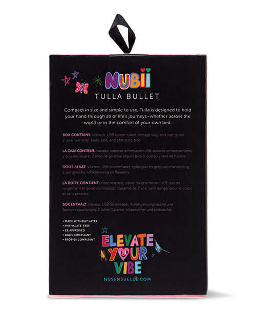 Sensuelle Nubii Tulla Bullet Vibrator packaging with product information and "Elevate Your Vibe" slogan.