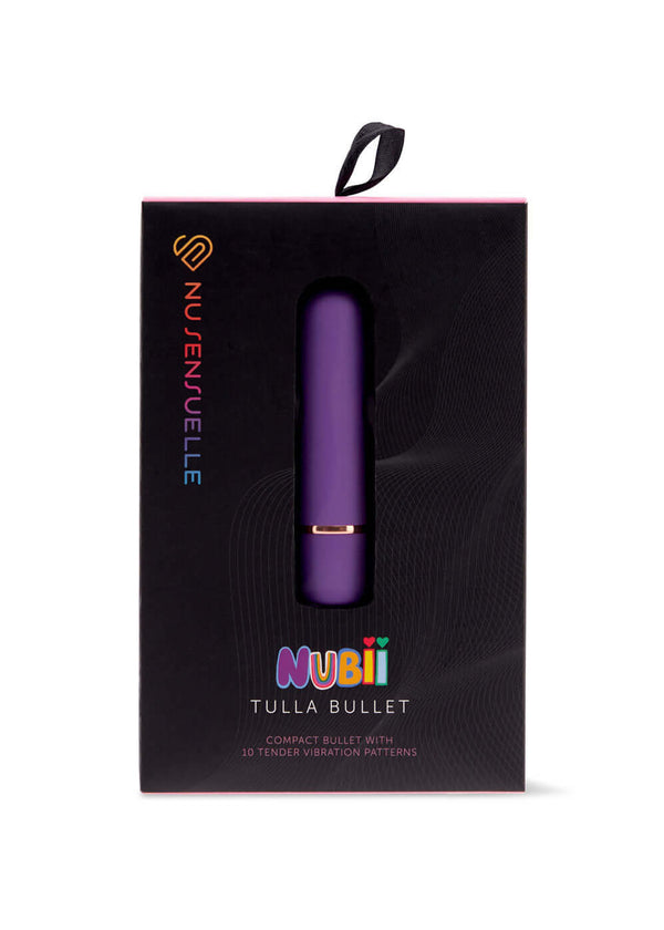 Sensuelle Nubii Tulla Bullet Vibrator in packaging – purple, compact, and rechargeable with 10 vibration functions by Nu Sensuelle.