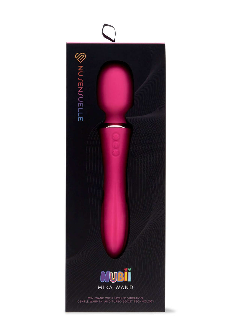Sensuelle Nubii Mika Mini Wand Massager in Pink packaging, featuring 12 speeds and Turbo Boost Technology for a tailored sensual experience.