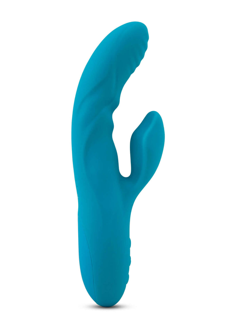 Sensuelle Nubii Kiah rabbit style vibrator in blue with ribbed texture and dual motors. Features 3 speeds, 17 modes, and turbo boost technology.