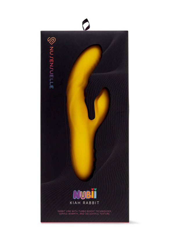Sensuelle Nubii Kiah Rabbit Style Vibrator Yellow in sleek black packaging showcasing Turbo Boost Technology and ribbed texture