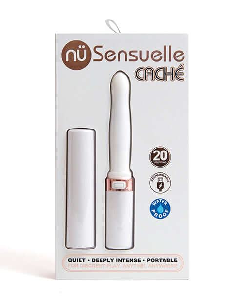 Sensuelle Cache 20 Function Covered Vibe White discreet silicone vibrator in packaging from Nu Sensuelle