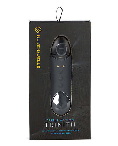 Nu Sensuelle Trinitii 18K Gold Clitoral Stimulator in packaging, featuring triple action vibration, flickering, and suction.