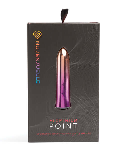 Sensuelle Aluminum Point Bullet Vibrator Ombre in packaging, showcasing its colorful rainbow finish and sleek design.