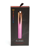 Sensuelle Aluminum Rumba Double Motor Ombre Multicolor Vibrator packaging with rainbow ombre finish and powerful vibration features.