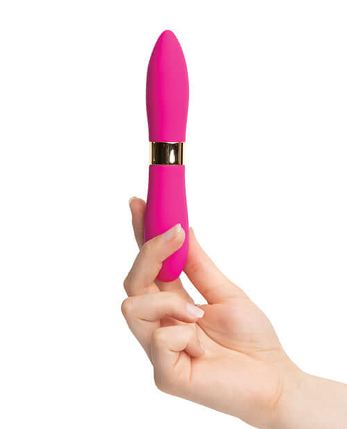 Hand holding Sensuelle Double Ended Deux Bullet Vibrator Magenta with dual ends and 12 speeds per end for versatile sensations.