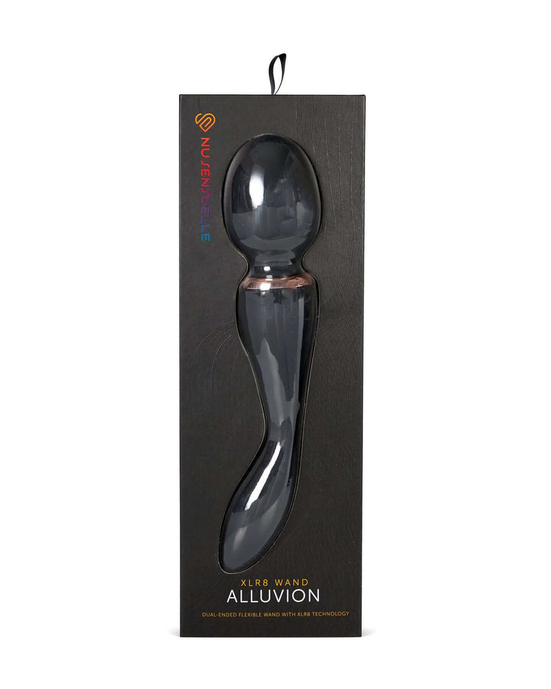 Sensuelle Alluvion Wand Black packaged, dual ended for clitoral, G-Spot, and anal stimulation, featuring XLR8 turbo boost.