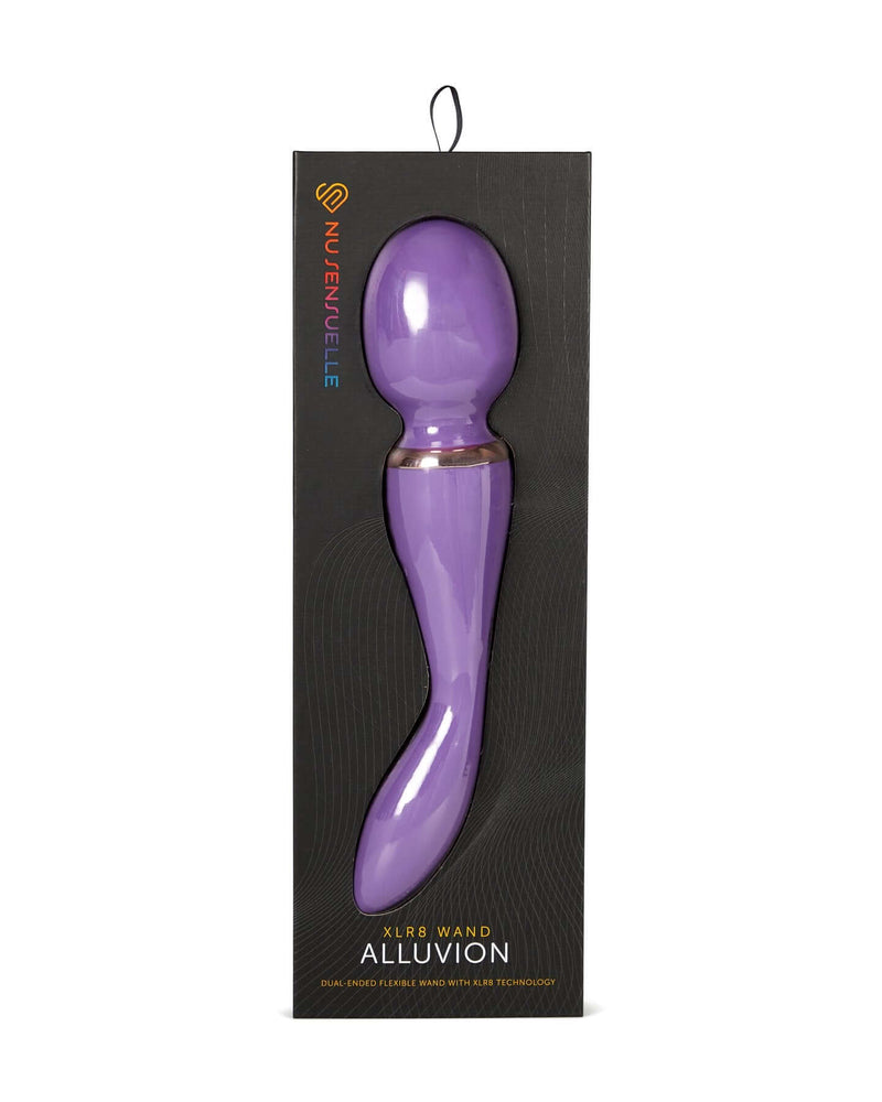 Sensuelle Alluvion Wand Purple by Nu Sensuelle in box, dual-ended with two powerful motors for clitoral, G-Spot, and anal stimulation.