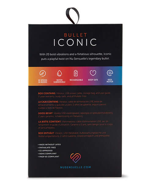 Packaging of Sensuelle Iconic Bullet Vibrator featuring key features and product description in multiple languages.