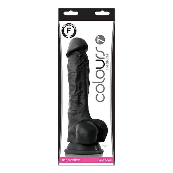 NS Novelties Colours Pleasures 7-Inch Black Dildo in packaging, silicone, phthalate-free, suction cup base.
