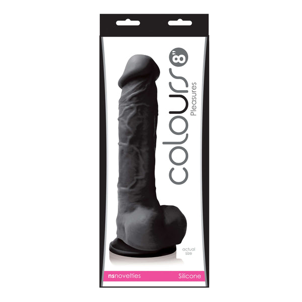 Colours Pleasures 8-inch Black Silicone Dildo in packaging for a realistic and safe intimate experience.