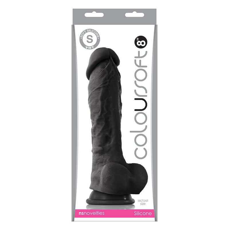 Colour Soft 8-Inch Black Dildo in Packaging - Luxurious Medical-Grade Silicone for Sensual Pleasure.