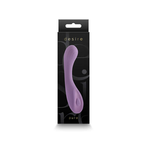 Desire Pure Dusty Lavender Vibrator packaging showcasing petite design and elegant branding.