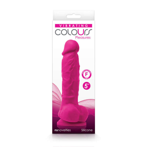 Colours Pleasures Vibrating 5 inches Pink Dildo by NS Novelties in packaging showing realistic design and vibrant color.