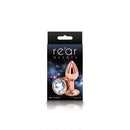 Rear Assets Rose Gold Small Clear Butt Plug packaging by NS Novelties, showcasing chrome plated aluminum design.