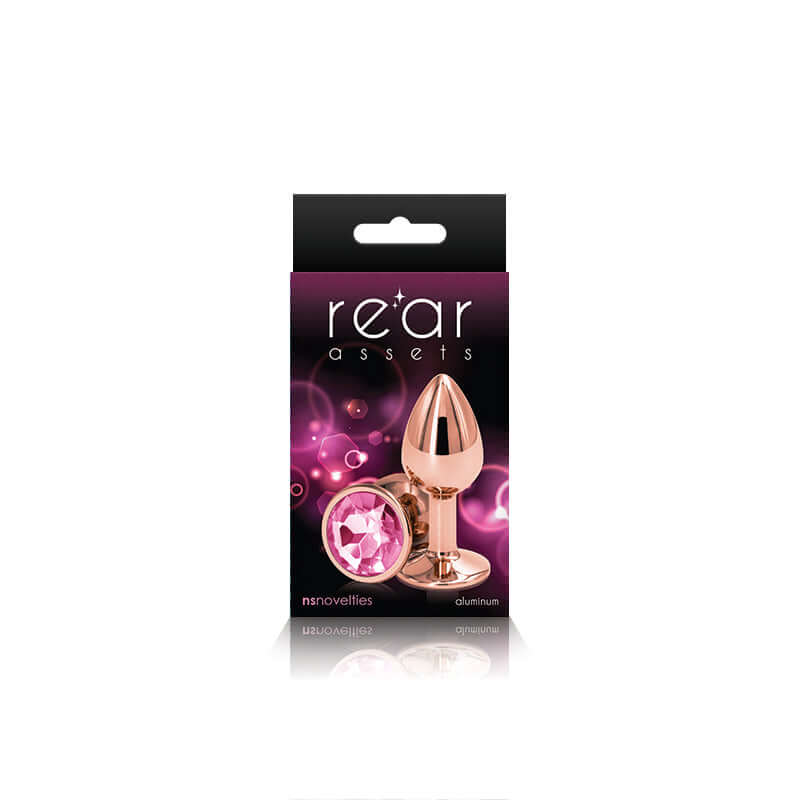 Rose gold small pink butt plug with gem base in packaging, NS Novelties, lightweight aluminum anal toy.