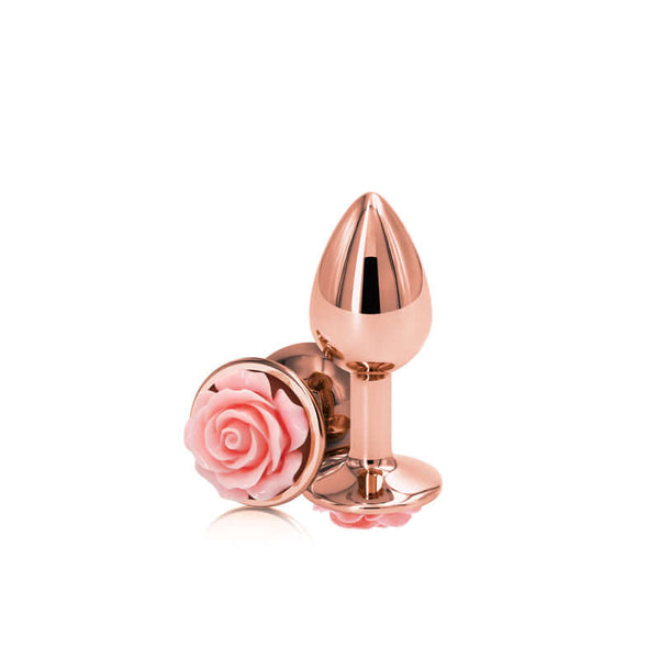 Pink and gold Rear Assets Rose Small Butt Plug made of lightweight aluminum with a charming rose design at the end.
