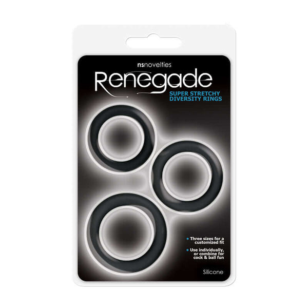 Renegade Diversity Rings set of 3 silicone cock rings in packaging showcasing 30mm, 35mm, and 40mm sizes.