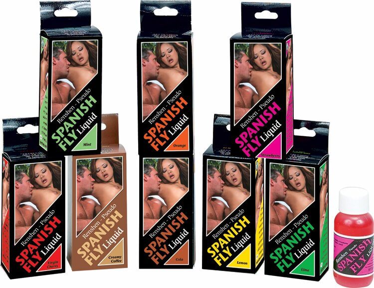 Spanish Fly Liquid flavors including Mint, Orange, Cola, Lemon, and more in colorful boxes.