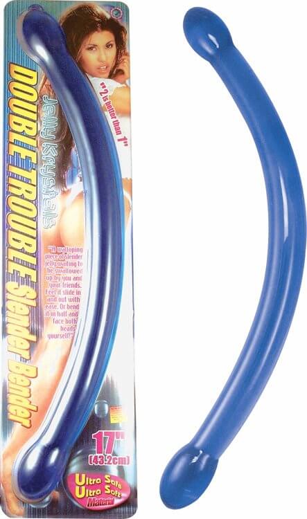 Blue Double Trouble Slender Bender Double Dong, ultra-soft TPR, 17-inch dual-ended pleasure toy in packaging for versatile play.