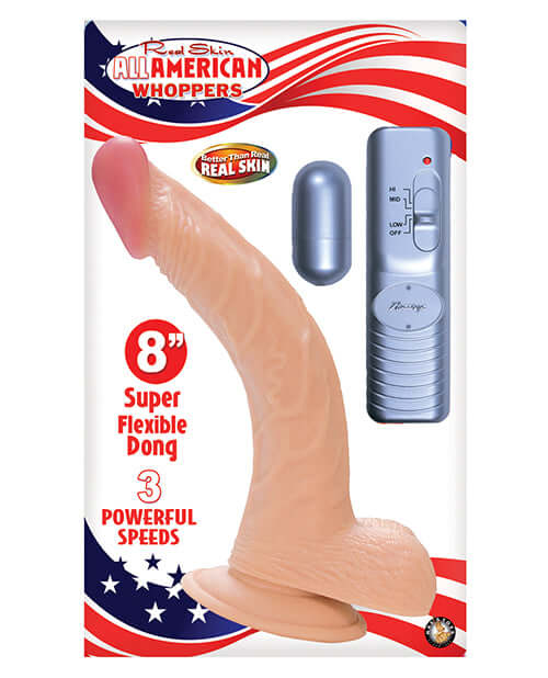 All American Whopper 8-inch vibrating dildo with remote, flexible design, and 3 powerful speeds, featuring realistic texture.