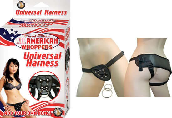All American Whoppers Universal Harness packaging and harness shown on model, featuring adjustable straps and rings.