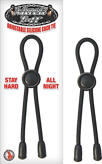 Mack Tuff Adjustable Silicone Cock Tie in black packaging showing product with text "Stay Hard All Night."