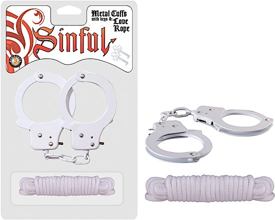 Nasstoys Sinful Metal Cuffs with Love Rope White at $19.99