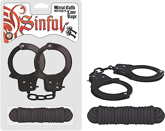Nasstoys SINFUL METAL CUFFS W/LOVE ROPE BLACK at $16.99
