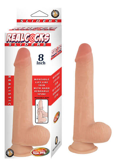 Realcocks Sliders 8-Inch Flesh Beige Dildo with lifelike skin and bendable spine in packaging.