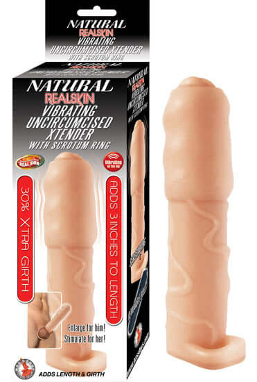 Natural Realskin Vibrating Uncircumcised Xtender with Scrotum Ring Beige packaging and product from Nasstoys