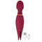 Mystique Vibrating Magic Wand in Eggplant Purple with dual motors and twin silicone ticklers, includes charging cables.