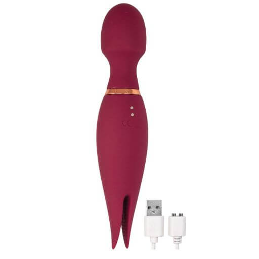 Mystique Vibrating Magic Wand in Eggplant Purple with dual motors and twin silicone ticklers, includes charging cables.