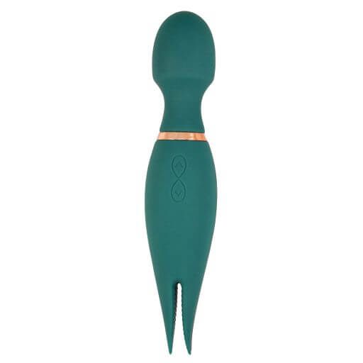 Mystique Vibrating Magic Wand Green by Nasstoys of New York, featuring dual motors and flexible wand head with twin silicone ticklers.