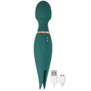 Mystique Vibrating Magic Wand Green with dual motors and silicone ticklers, shown with charging cables.