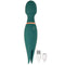 Mystique Vibrating Magic Wand Green with dual motors and silicone ticklers, shown with charging cables.