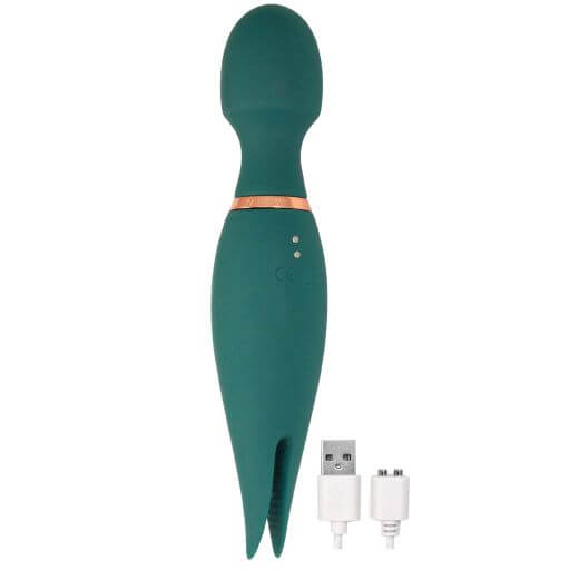 Mystique Vibrating Magic Wand Green with dual motors and silicone ticklers, shown with charging cables.