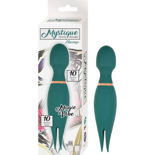 Mystique Vibrating Magic Wand Green with dual motors and 10 gyrating patterns for massage and pleasure, packaging and product shown.