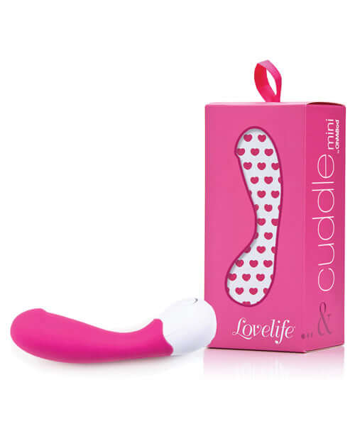 OhMiBod Lovelife Cuddle Mini pink G-Spot vibrator with heart-patterned box, 7 functions, rechargeable, travel-friendly, splash proof.
