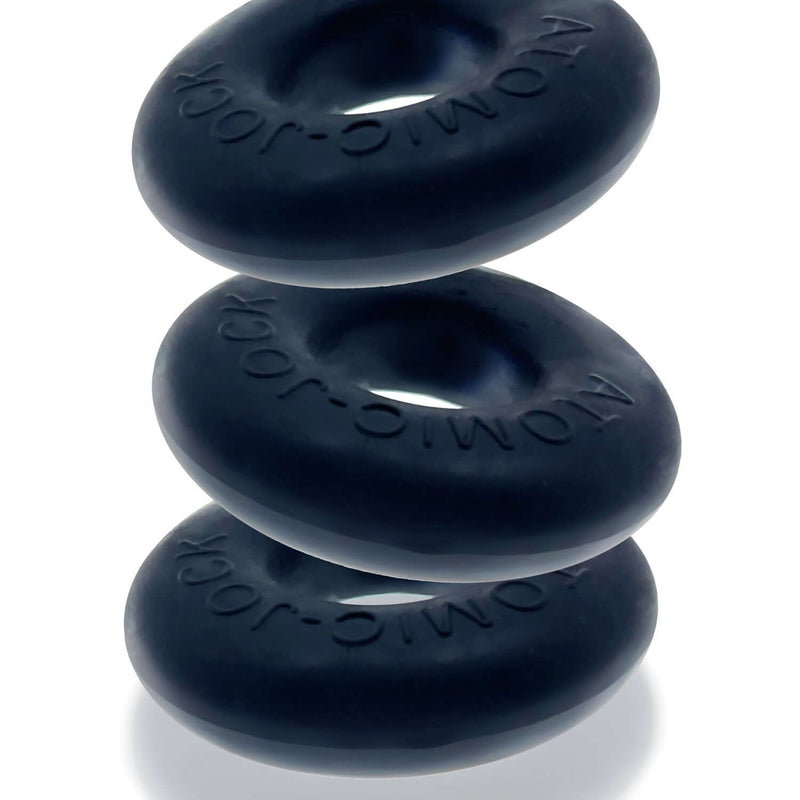 Night Black Ringer 3 Pack Cock Rings by Oxballs, featuring three stretchy and soft jelly rings stacked, made of Thermoplastic Rubber and Silicone.
