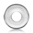 Clear thick jelly Ringer cockring from OxBalls with embossed Atomic Jock text