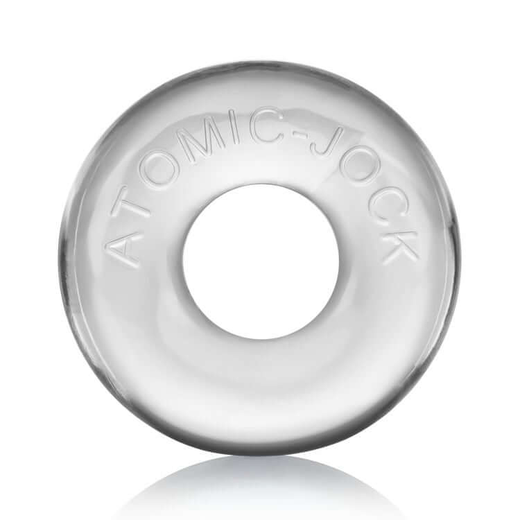 Clear thick jelly Ringer cockring from OxBalls with embossed Atomic Jock text