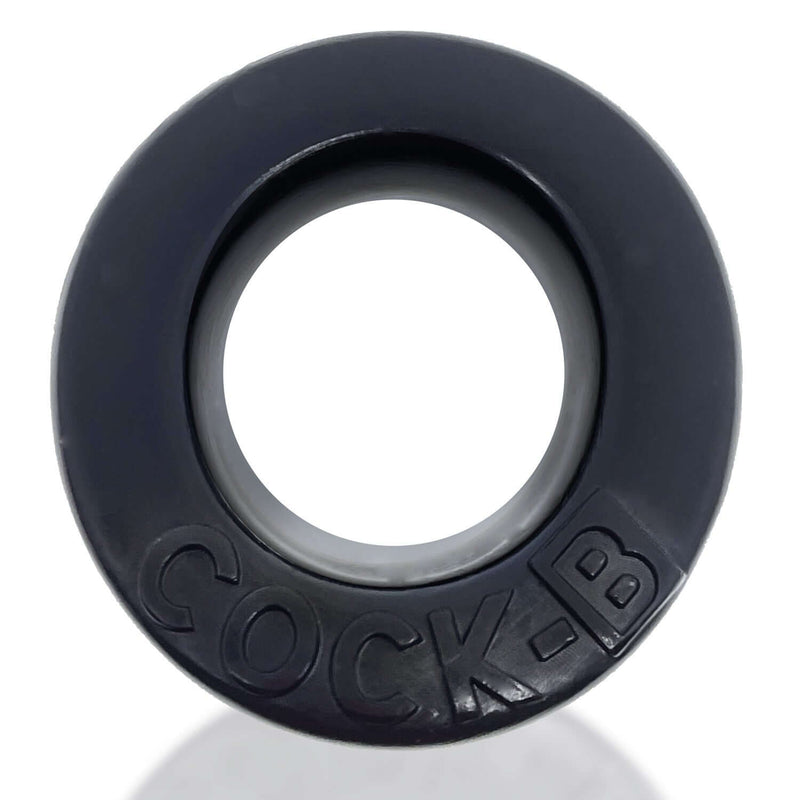 Black Oxballs Cock-B Bulge cock ring with embossed lettering on a white background