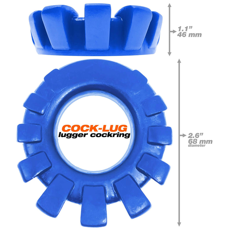 Cock Lug lugged silicone cock ring from Oxballs in marine blue with dimensions showing 1.1 inches height and 2.6 inches diameter