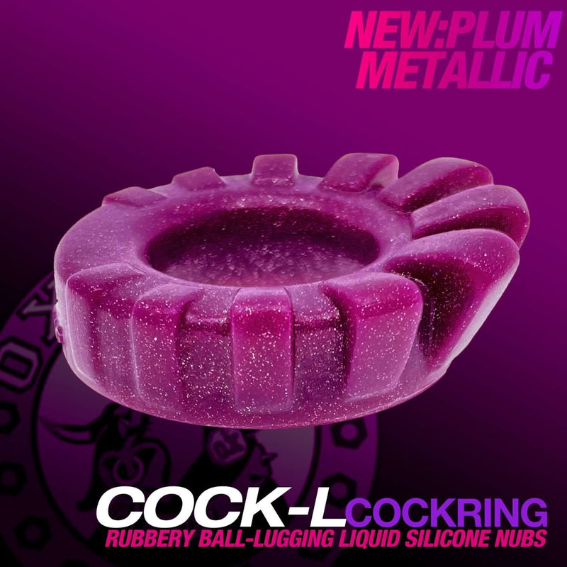 Plum Oxballs Cock Lug ring with metallic finish and rubbery ball-lugging silicone nubs for enhanced bulge and comfort