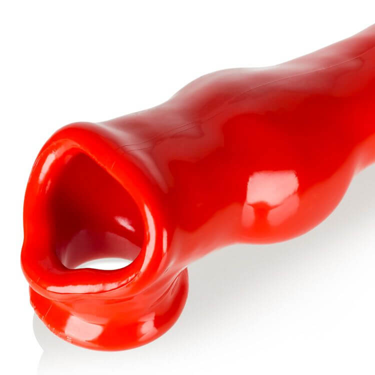 Fido Animal Knot Style Cock Sheath TPR Red from Oxballs, showing its slick and glossy surface with a thick knot in the middle.