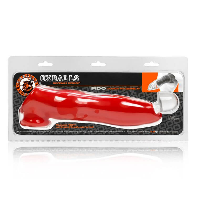 Red Oxballs Fido Animal Knot Style Cock Sheath in packaging